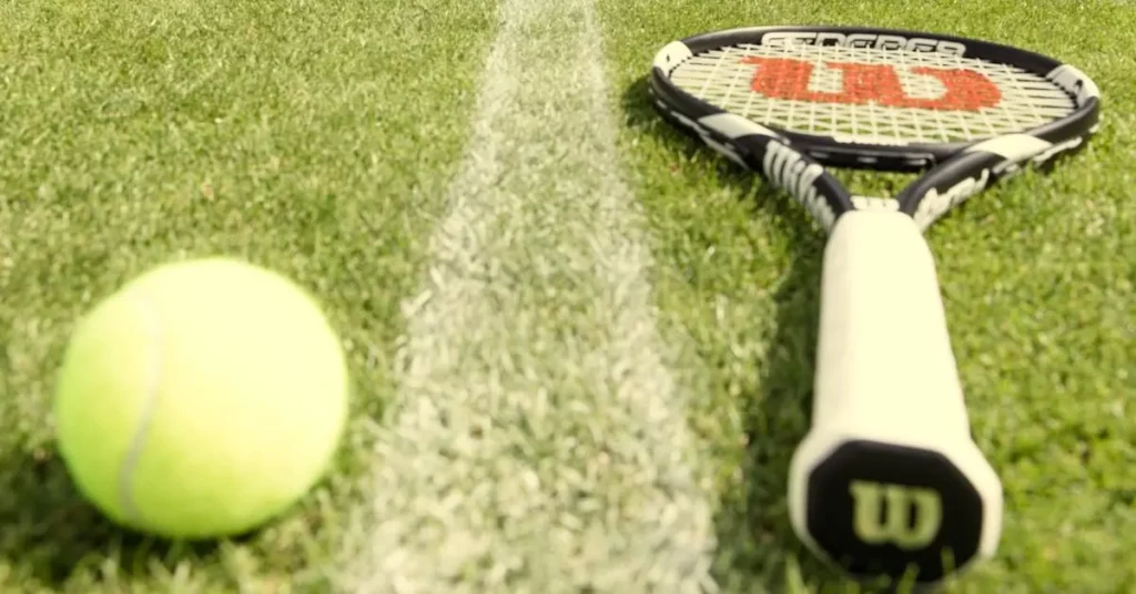 tennis racket and ball in the grass court